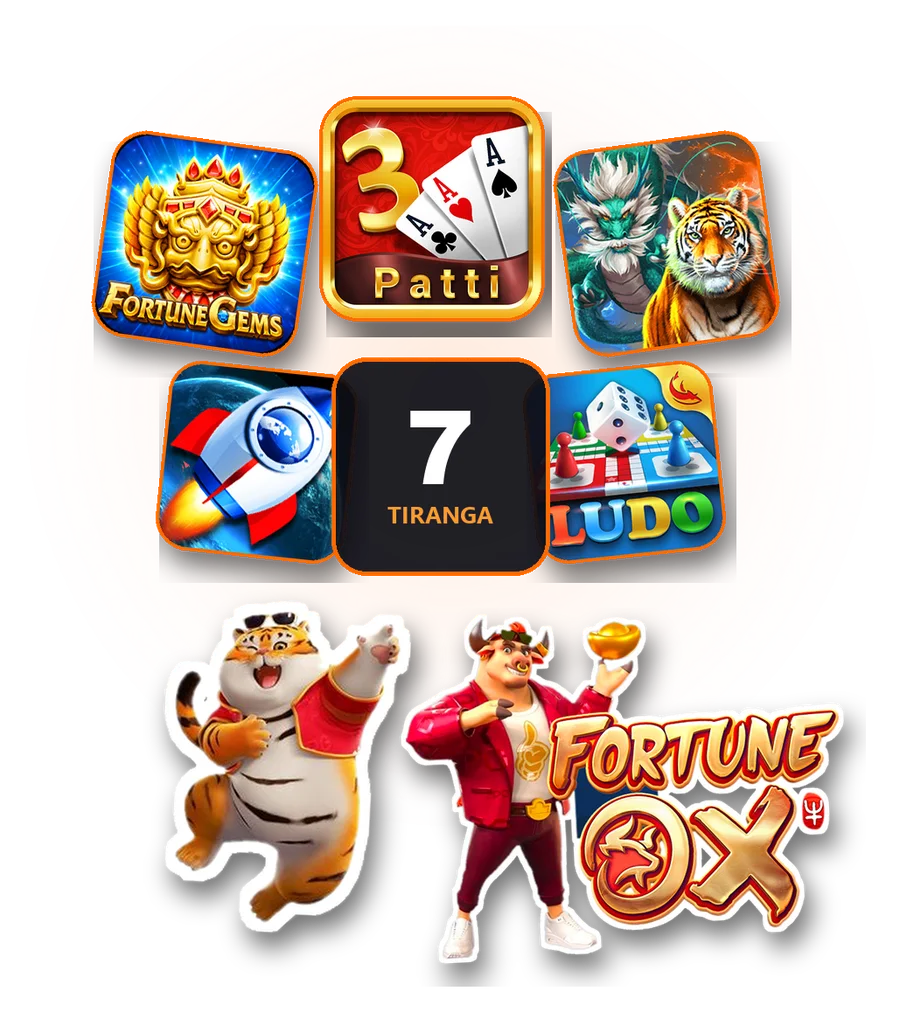 The Tiranga game shelf: Fortune Gems, 3 Patti, Dragon Tiger, Crash and Ludo tiles around the 7 Tiranga badge, with the Fortune Tiger and Fortune Ox characters in front.